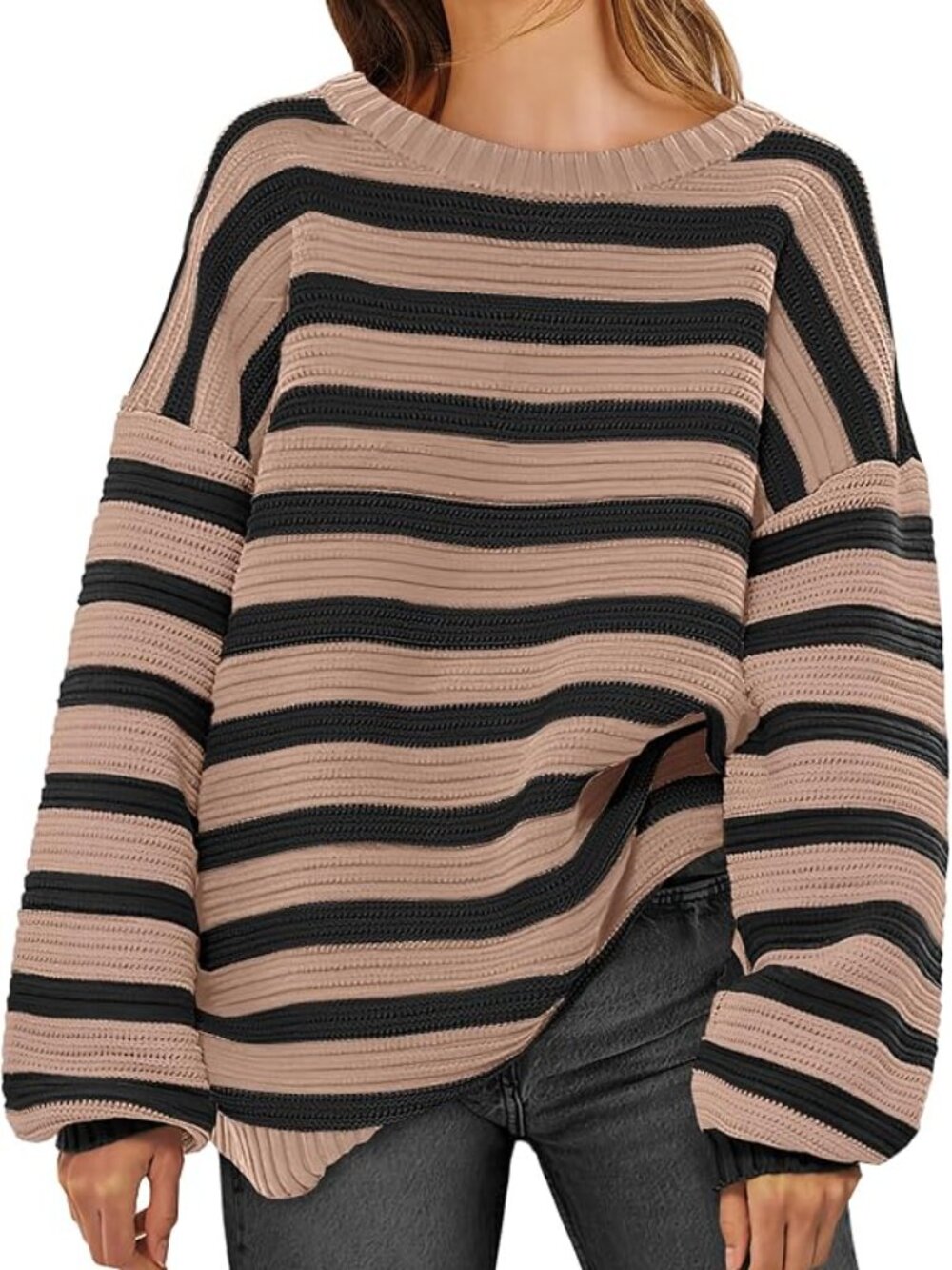 Women's Oversized Striped Chunky Knit Crewneck Sweater
